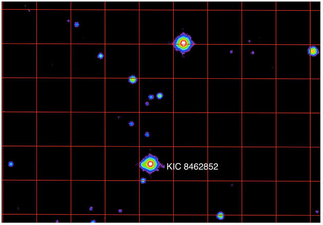 Die UKIRT-Teleskopaufnahme des Sterns „KIC 8462852“ zeigt eine auffällige Ausbuchtung zur Linken. Copyright/Quelle: Boyajian et al.
