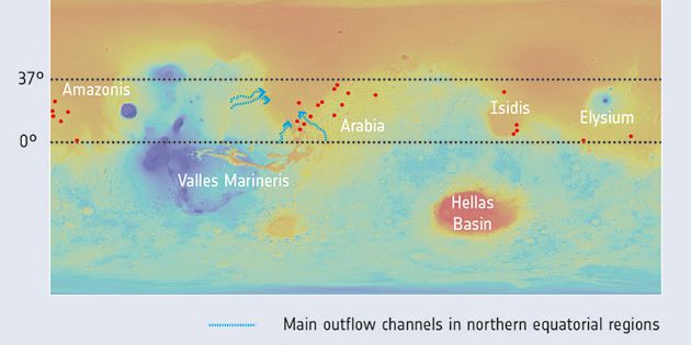 Diese Höhekarte zeigt die Verteilung einiger tiefen Krater (rote Punkte), die in einer aktuellen Studie zu Grundwasser auf dem Mars untersucht wurden. Copyright: NASA/MGS/MOLA; Crater distribution: F. Salese et al (2019)