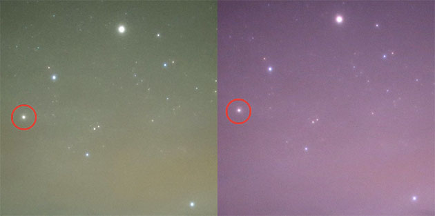 Punktförmiger Flare am Nachthimmel über Hessdalen, aufgenommen von zwei Kamerapositionen am 12.09.2018 um 23:42 Uhr Ortszeit. Der Autor vermutet, dass hier ein nicht registrierter Satellit leuchtet.Copyright: Bernd Pröschold