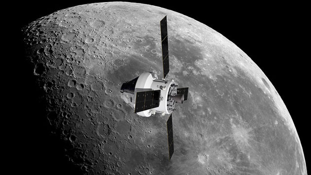 Orion und das europäische Servicemodul in der Mondumlaufbahn (Illu.). Copyright: NASA/ESA/ATG Medialab