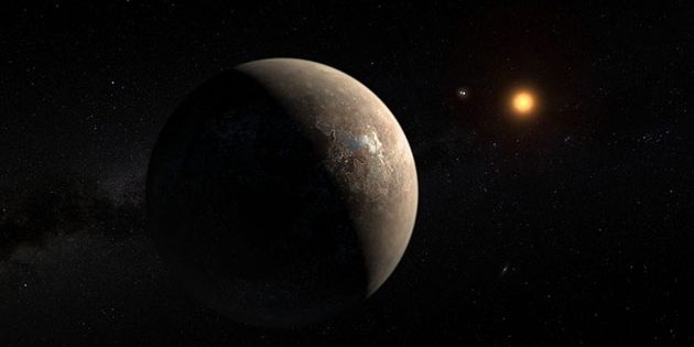 Künstlerische Darstellung des potentiell lebensfreundlichen Planeten „Proxima Centauri b“ um Proxima Centauri (Illu.), der sich das System um den roten Zwergstern möglicherweise auch noch mit mindesten einer Super-Erde teilt (Illu.). Copyright: ESO/M. Kornmesser