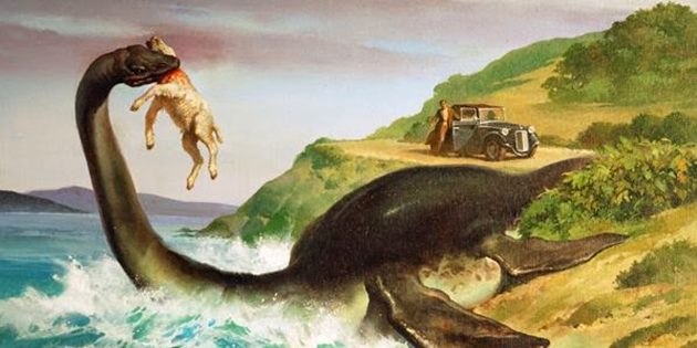 Buchillustration einer Nessie-Sichtung an Land (Illu.). Copyright/Quelle: Mysterious Monsters, Daniel Farson.