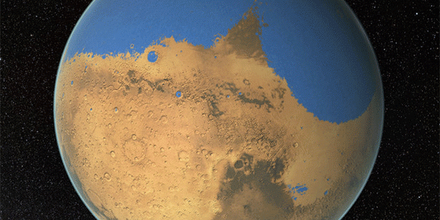 So könnte der Mars vor Milliarden von Jahren ausgesehen haben: Einen Teil seiner Oberfläche dürfte ein Ozean bedeckt haben (Illu). Copyright: NASA/GSFC