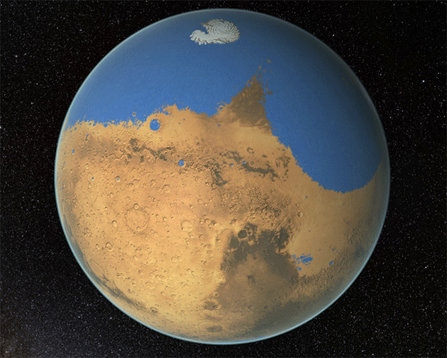 So könnte der Mars vor Milliarden von Jahren ausgesehen haben: Einen Teil seiner Oberfläche dürfte ein Ozean bedeckt haben (Illu). Copyright: NASA/GSFC