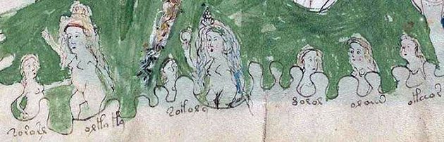Diese bekannte Abbildung aus dem Voynich-Manuskript zeigt zwei Frauen mit fünf Kindern in einem Bad. Die Wörter beschreiben verschiedene Temperamente: tozosr (Summen: zu laut), orla la (am Rande: Geduld verlieren), tolora (albern / dumm), noror (bewölkt: stumpf / traurig) oder aus (goldener Vogel: gut erzogen) oleios (geölt: rutschig). Diese Wörter gibt es bis heute, etwa auf Katalanisch (tozos), Portugiesisch (orla), Portugiesisch (tolos), Rumänisch (noros), Katalanisch (oder aus) und Portugiesisch (oleio). Die Wörter „orla la“ beschreiben die Stimmung der Frau auf der linken Seite und sind möglicherweise die Wurzel der französischen Phrase "oh là là". Copyright/Quelle: Voynich Manuskript / G. Cheshire
