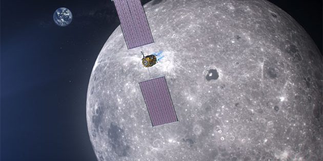 Künstlerische Darstellung der Mond-Orbitalstation „Gateway“ (Illu.), von der aus die Mondlandungen im Rahmen des Artemis-Programms der NASA durchgeführt werden sollen. Copyright: NASA