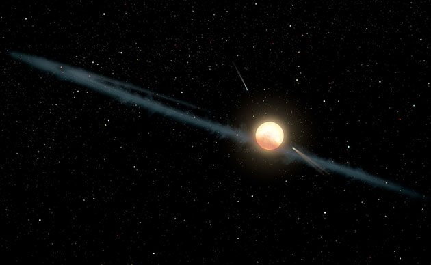 Künstlerische Darstellung einer Gas- Staub- und Trümmerscheibe um den sonnenähnlichen Stern KIC 8462852 (Illu.). Copyright: NASA/JPL-Caltech