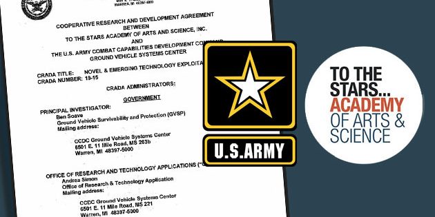 Symbolbild: Die Logos der „To The Stars Academy“ und der „U.S. Army“ vor dem Hintergrund des gemeinsamen Kooperationsvertrages. Copyright/Quellen: ToTheStarsAcademy / US Army