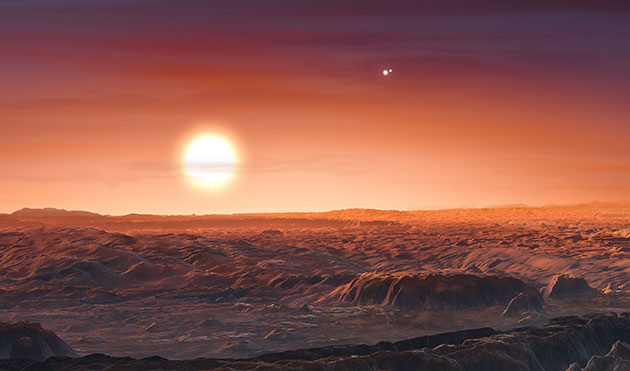 Planet dreier Sterne: Künstlerischer Blick an den Himmel des Exoplaneten „Proxima Centauri b“ im Dreifachsternsystem Alpha Centauri (Illu.). Copyright: ESO/M. Kornmesser