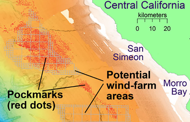 Die Karte zeigt die Pockmark- und Mikro-Depressions-Felder vor der kalifornischen Küste. Copyright: MRABI