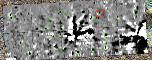 Das Ergebnis der geophysischen Scans offenbart eine sternförmige magnetische Anomalie im Zentrum des einstigen Steinkreises von Airigh na Beinne Bige (Callanish 11). Copyright/Quelle: University of St. Andrews / Bates et al. / Remote Sensing, 2019
