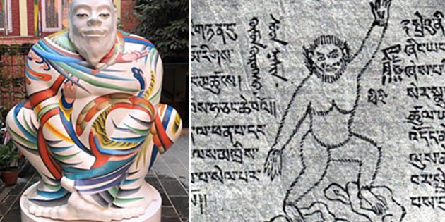 Mit individuell gestalteten Skulpturen wie dieser (l.) wirbt Nepal 2020 um Touristen. Sie unterscheidet sich deutlich von historischen Darstellungen (r.), die den Yeti als affenartiges Wesen zeigen. Copyright: visitnepal2020.com