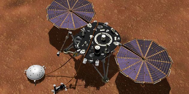 Künstlerische Darstellung der InSight-Sonde mit dem Seismometer SEIS auf dem Mars (Illu.). Copyright: Bild: Nasa/JPL-​Caltech