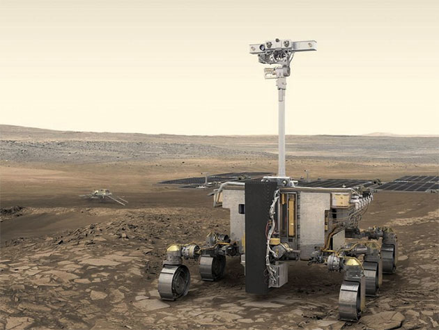 Künstlerische Darstellung des Mars-Rovers „Rosalind Franklin“ der europäisch-russischen Mission „ExoMars“, der 2021 auf dem Roten Planeten eintreffen soll (Illu.). Copyright: ESA/ATG Medialab)