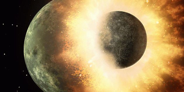 Künstlerische Darstellung der Kollision zwischen der jungen Erde und Theia (Illu.). Copyright: NASA/JPL-Caltec