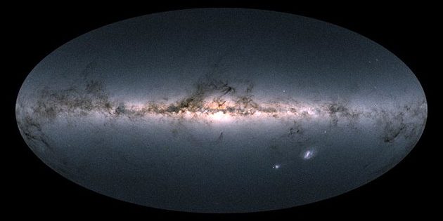 Seitenansicht der Milchstraße auf der Grundlage der Beobachtungsdaten des europäischen GAIA-Weltraumteleskops. Copyright: ESA/Gaia/DPAC, CC BY-SA 3.0 IGO