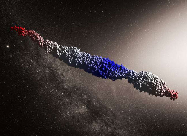 Ein 'Oumuamua-ähnliches Objekt, das durch eine Simulation des von Zhang und Lin vorgeschlagenen Szenarios der Gezeitenstörung erzeugt wurde (Illu). Copyright: : NAOC / Y. Zhang; (Hintergrund: ESO / M. Kornmesser)