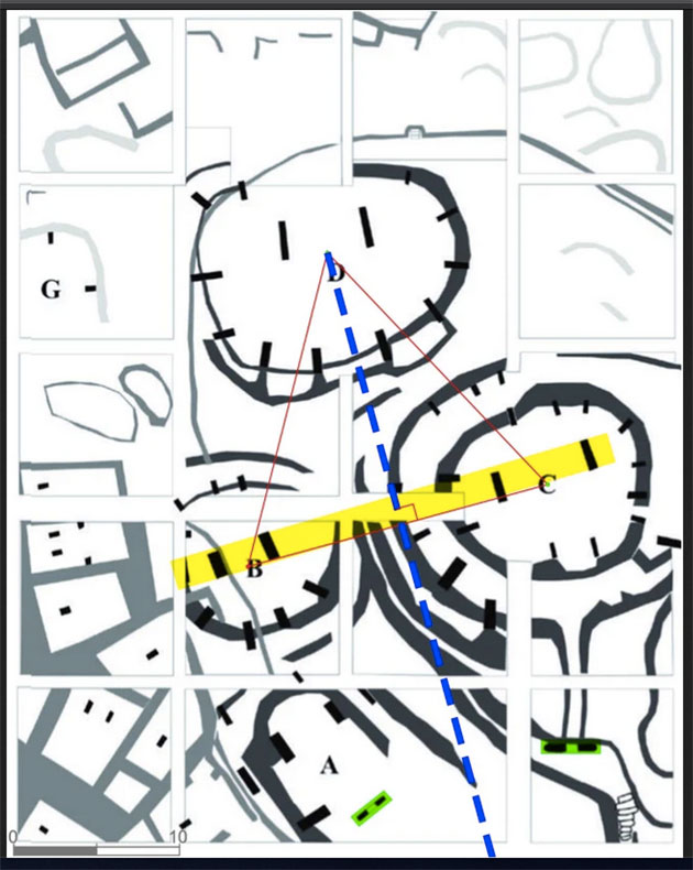 Im architektonischen Grundriss von Göbekli Tepe findet sich ein der ganzen Anlage zugrundeliegendes Dreieck. Quelle: Haklay u. Gopher / K. Schmidt and J. Notroff, DAI