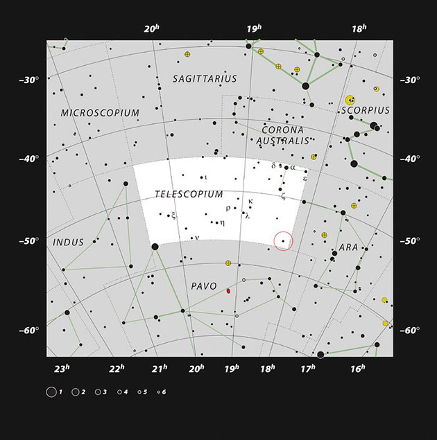 Die Lage des Dreifachsystems HR 6819, das das erdnächste Schwarze Loch in der Konstellation Telescopium. Copyright: ESO, IAU and Sky & Telescope