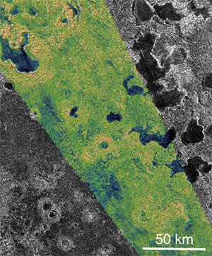Maare- und Calderen-artige Krater in der Nordpolregion des Titan. Quelle: Randall Kirk / Woods et al., Journal of Geophysical Research: Planets, 2020