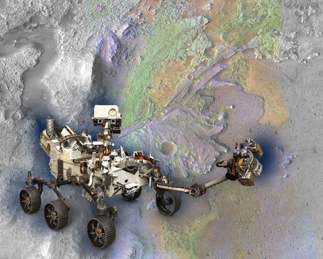 Der Mars-Rover „Perseverance“ (Illu.) vor dem Hintergrund seines vorgesehenen Lande- und Arbeitsortes, dem Jezero-Krater. Copyright: grewi.de (mit Materialien von NASA/JPL-Caltech/ASU)