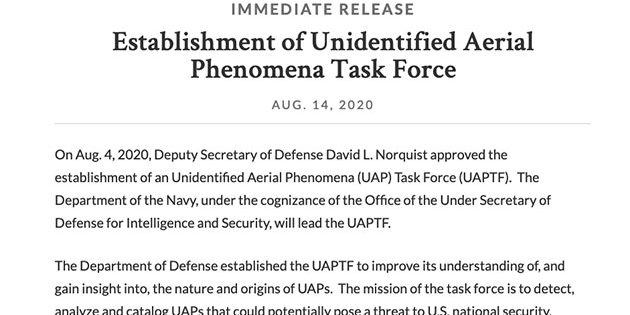 Aus der offiziellen Pressemitteilung des Pentagon zur Gründung der Unidentified Aerial Phenomena Task Force (UAPTF). Copyright: US Department of Defense