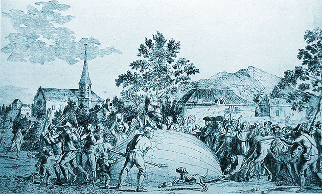 Flugobjekt, Ballon Illustration der Flugschrift zur „Ballonlandung in Gonesse“ im jahre 1783. Copyright: Gemeinfrei
