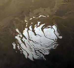 Blick auf die südliche Polkappe des Mars, hier in einer Aufnahme des Viking-Orbiters der NASA vom Dezember 2008. Copyright: NASA