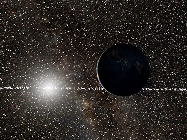 Künstlerische Darstellung potentieller ferner Exowelten (zentrale „Linie“), die einen Transit der Erde vor der Sonne beobachten und studieren könnten (Illu.). Copyright: Cornell University
