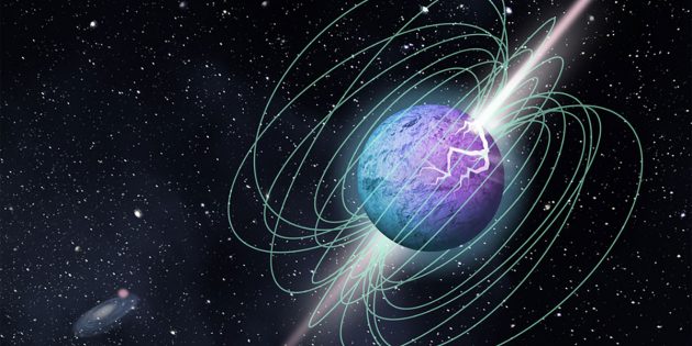 Künstlerische Darstellung des Ausbruchs eines Magnetars mit einer komplexen Magnetfeldstruktur und Strahlemission. Copyright: Grafikdesign-Team der McGill University