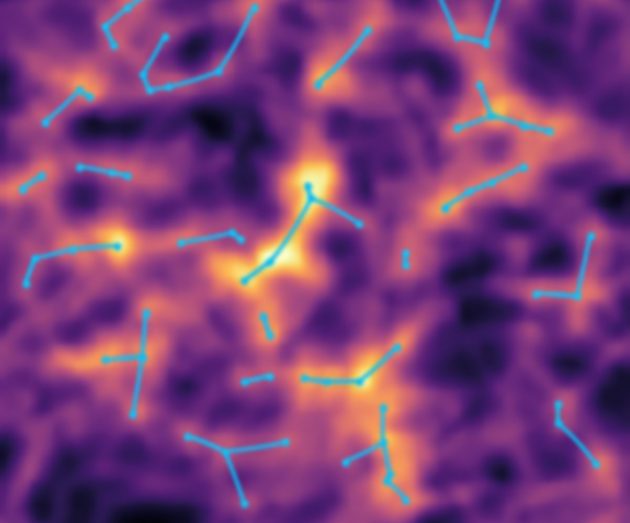 Simulation der Röntgenemission von Gasen in den Filamenten des sog. „kosmischen Netzes“ (Ausschnitt). Copyright: Tanimura, Aghanim (CNRS/Univ. Paris-Saclay)