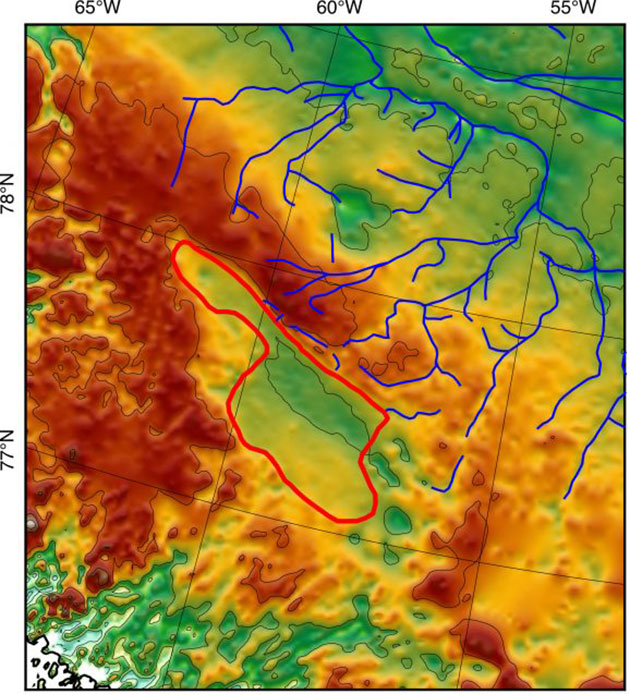 Die auf der Grundlage der geophysikalischen Scans erstellte Karte zeigt das einstige Seebett mit zahlreichen Zuflüssen und mindestens einem Abfluss. Quelle: Paxman et al., EPSL, 2020