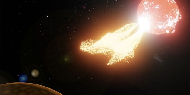 Ein roter Zwergstern feuert einen energiereichen Flare in Richtung eines ihn dicht umkreisenden erdartigen Planeten (Illu.). Copyright: Mark Myers/OzGrav