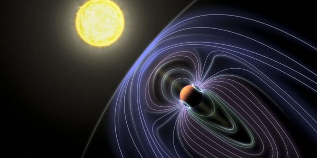 Künstlerische Darstellung des planetaren Magnetfeldes eines großen Gasplaneten im System um Tau Bootes (Illu.). Copyright: Jack Madden/Cornell University