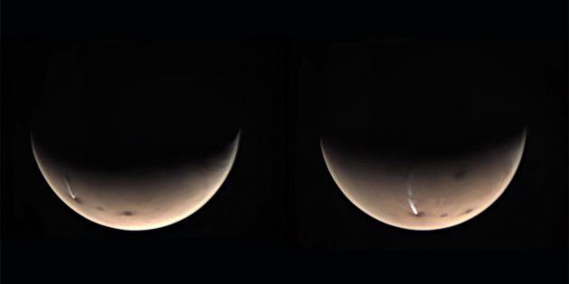 Die „Mars-Wolke“, aufgenommen am 17. und 19. July 2020 mit der “Visual Monitoring Camera“ (VMC) an Bord der ESA-Sonde “Mars Express“. Copyright: ESA/GCP/UPV/EHU Bilbao