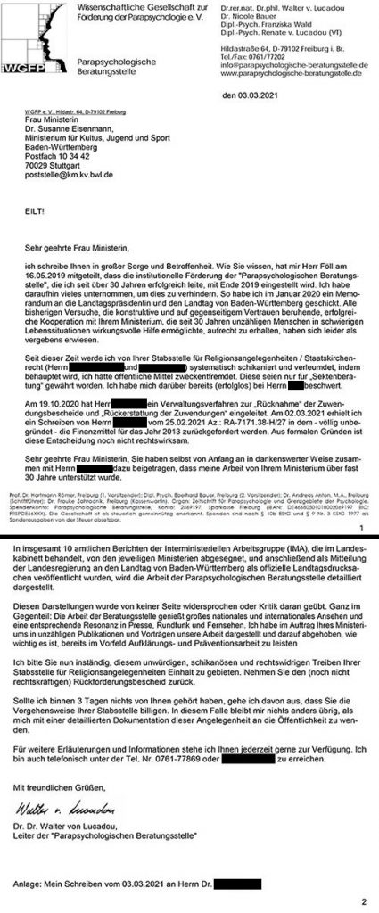 Brandbrief an die Ministerin Dr. S. Eisenmann (CDU) Copyright/Quelle: v.Lucadou