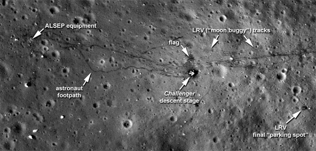 LRO-Aufnahme der Apollo-17-Landestelle. Neben der Hauptlandestufe können auch die Flagge, die Spuren der Astronauten und des Mond-Autos sowie wissenschaftliche Instrumente identifiziert werden. Doch die Auflösung setzt der Erkennbarkeit von Details und kleineren Objekte deutliche Grenzen. Ohne das Wissen, über Position und Natur einzelner Apollo-Instrumente ließen sich diese auf der Aufnahme wohl kaum als solche identifizieren. Copyright: NASA