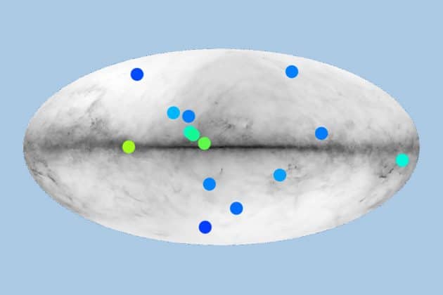 14 Kandidaten des neuen Fermi-Katalogs für potenzielle Sterne aus Anti-Materie. Copyright/Quelle: IRAP