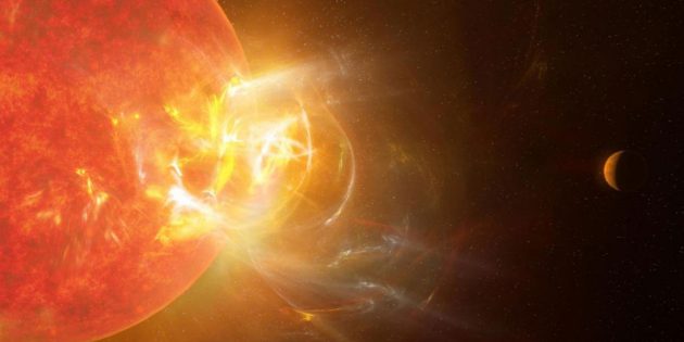 Künstlerische Darstellung eines gewaltigen, auf einen der dortigen Planeten ausgerichteten stellaren Strahlungsausbruchs des roten Zwergsterns Proxima Centauri. (Illu). Copyright: NRAO/S. Dagnello