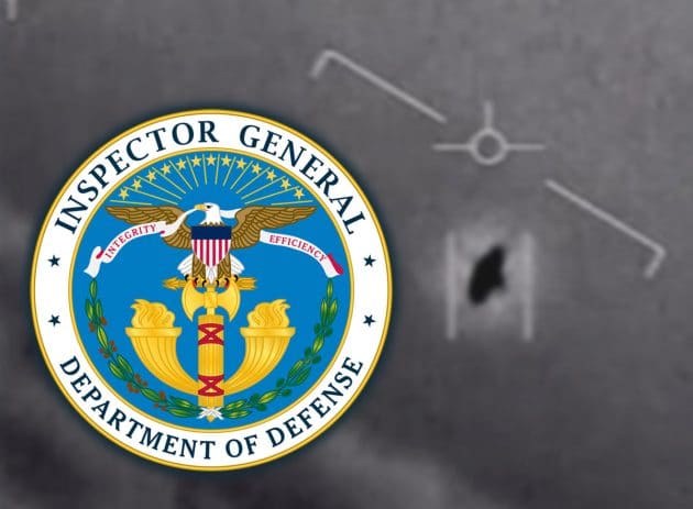 Das Signet des „Department of Defense Office of Inspector General“ vor dem Hintergrund eines Standbild aus einem offiziellen „UFO-Video“ der US-Navy. Copyright: US Gov. (Collage: grenzwissenschaft-aktuell.de)
