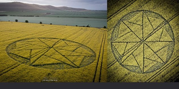 Luftbild der Kornkreis-Formation in einem Rapsfeld nahe Stanton St. Bernard in Wiltshire. Copyright: Hugh Newman, Crop Circles From The Air