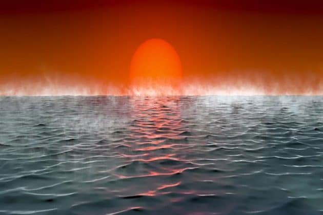 Künstlerische Darstellung der Oberfläche eines ozeanbedeckten Hycean-Planeten um einen Roten Zwergstern (Illu.). Copyright: University of Cambridge