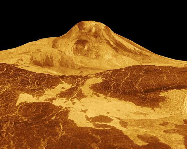 Simulierte 3D-Ansicht auf den höchsten Venus-Vulkan Maat Mons. Copyright/Quelle: NASA/JPL