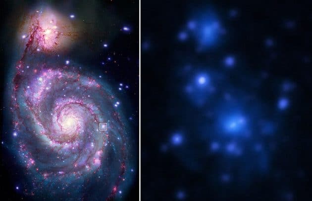 Die „Whirlpool“-Galaxie „Messier-51“ im sichtbaren (l.) und Röntgenspektrum (l.). Die Position des Systems „M51-ULS-1“ ist mit einem Rahmen markiert. Copyright: NASA/CXC/M. Weiss (l.) / ESA (r.)