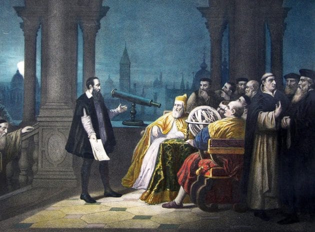 Symbolbild: Historisches Gemälde zeigt Galileo Galilei bei der Demonstration seines Teleskops Copyright: Gemeinfrei