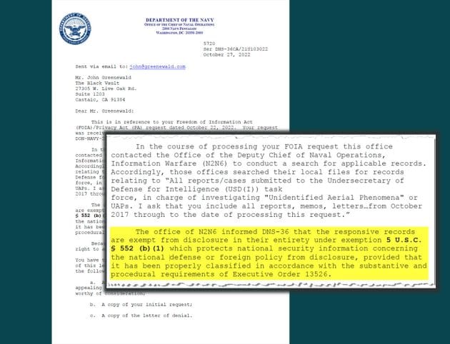 Auszug aus dem Antwortschreiben des US-Verteidigungsministeriums an John Greenwald Jr. Von TheBlackVault.com Copyright: John Greenwald Jr. / TheBlackVault.com