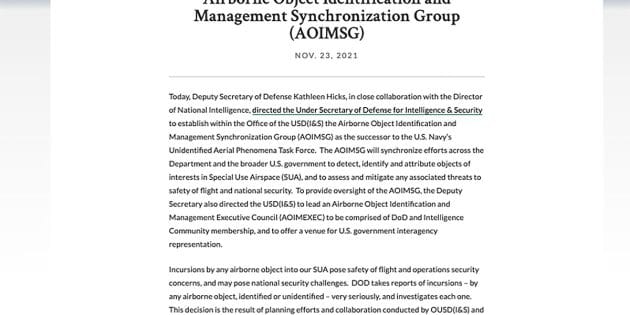 Die Pressemitteilung des US-Verteidigungsministeriums zur Umstrukturierung der ehemaligen UAPTF zur AOIMSG Copyright: US Dept. Of Defense / US Gov.