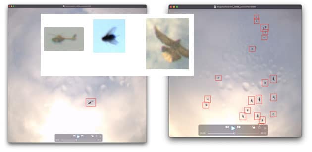 Von SkyCAM-5 automatisch detektierte Objekte am Himmel (Hubschrauber, Fliege auf der Linsenabdeckung, Vogelschwarm) am 15.12.2021. Copyright: H. Kayal