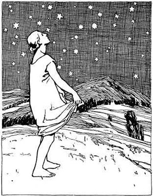 Illustration von Otto Ubbelohde zum Märchen Die Sterntaler (um 1909). Copyright: Gemeinfrei