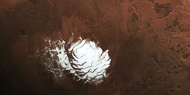 Blick auf die südliche Polkappe des Mars. Copyright: ESA/DLR/FU Berlin